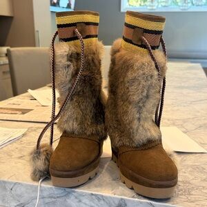 See By Chloe Brown and Yellow Fur-Trimmed Boots
